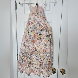 Lela Sky Floral Embroidered Eyelet Mini Dress Lined Key Hole Back Size S